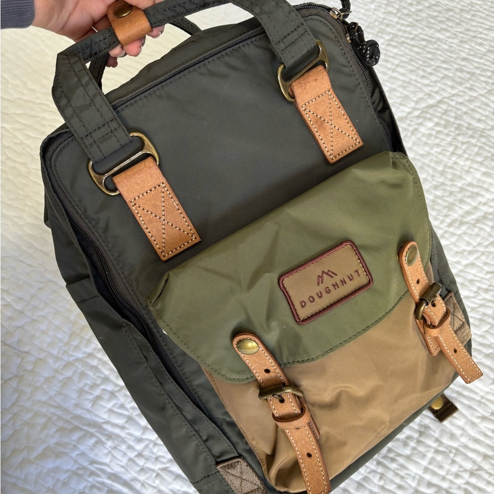 Green and Tan Vintage-Inspired Backpack with Leather Accents